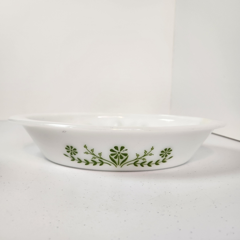 Vintage Glasbake Milk White Divided Casserole Oval Dish Green Daisy Pattern 12"